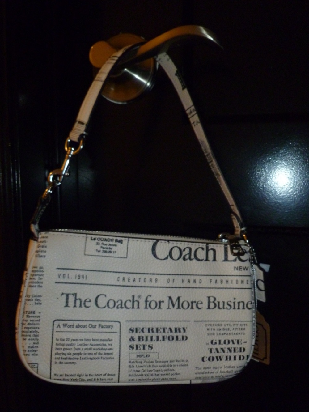 Coach White and Black Newspaper Print Clutch